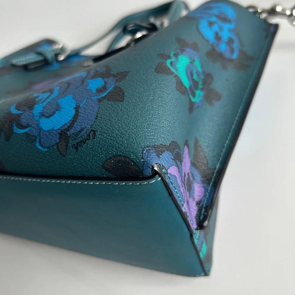 Coach Mollie Tote 25 Teal Jumbo Floral Pebbled Leather Bag CF328 Excellent